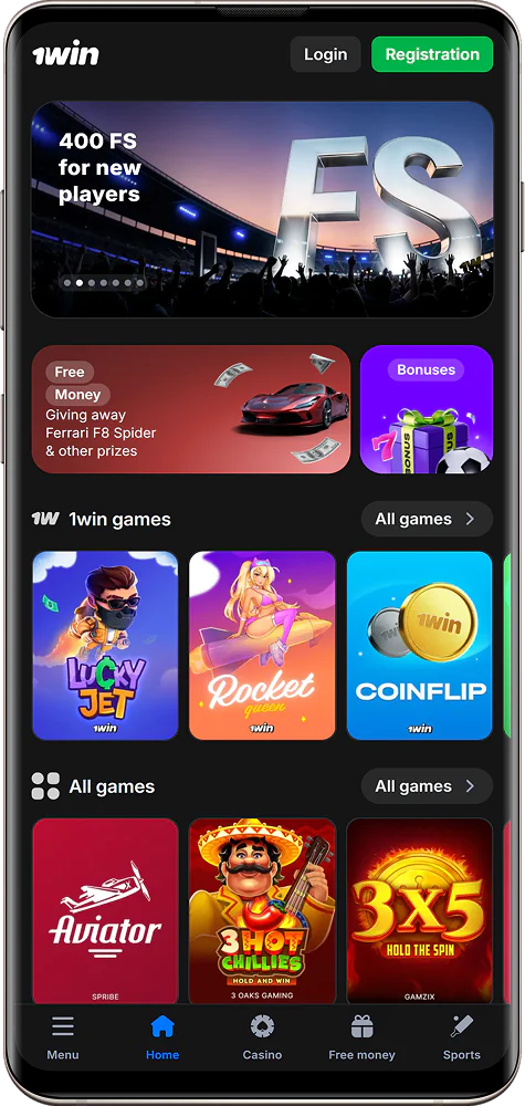 Screenshot of the 1win IN casino page