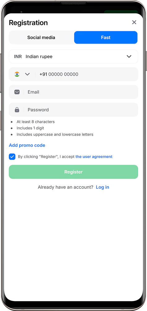 Screenshot of the 1win IN registration page